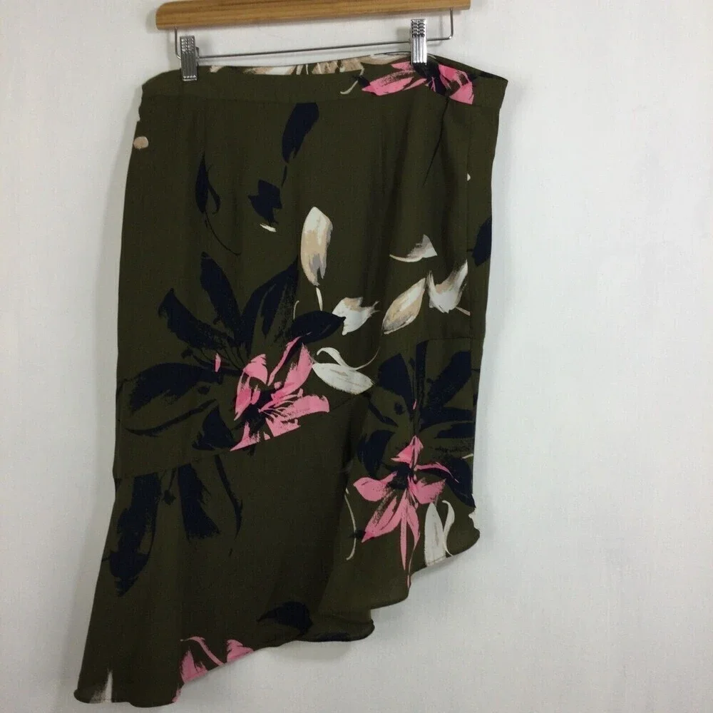 Halston Womens Floral A-Line Asymmetric Ruffle Hem Skirt Green Lily Size 12 NWT